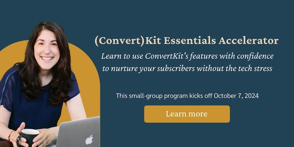 Promotional graphic for the (Convert)Kit Essentials Accelerator, where you learn to use ConvertKit's features with confidence to nurture your subscribers without the tech stress. This small-group program kicks off October 7, 2024. The image features Bev, Your Personal Tech Fairy. Her long brown hair is worn casually down and she has a warm smile on her face.