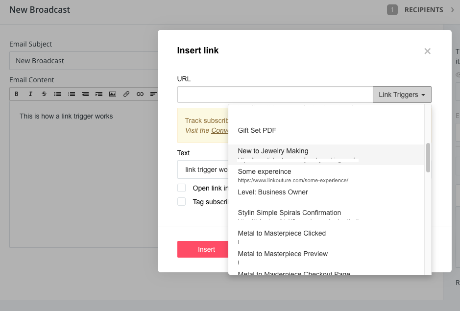 Screenshot of ConvertKit with using a link triggers