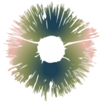 Mushroom spore print in a gradient of pink, mossy green, and deep turquoise