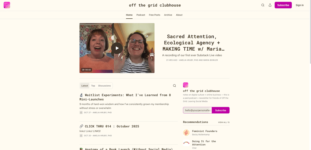 Screenshot of Dr. Amelia Hruby's off the grid clubhouse Substack page. You can see there are tabs that include Home, Podcast, Free Posts, Archive, About, latest posts are highlighted below, as well as some recommendations.