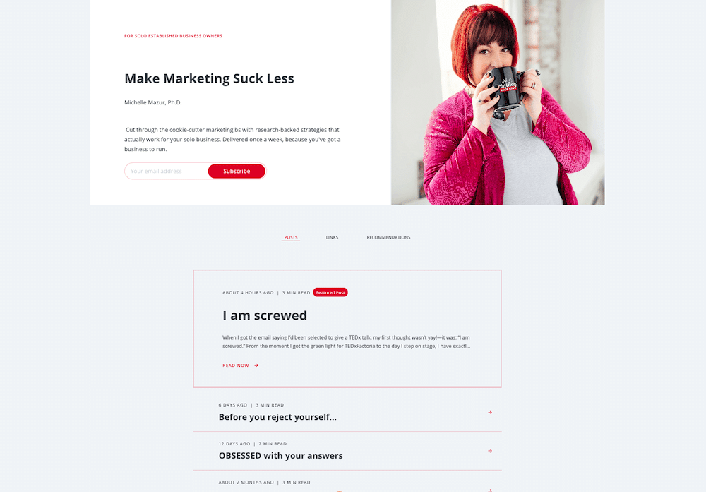 Screenshot of Dr. Michelle's Mazur's Make Marketing Suck Less Creator Profile on Kit. You can see there is a section with posts (archives), links, and recommendations.