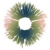 Mushroom spore print in a gradient of teal, lime green, and pink